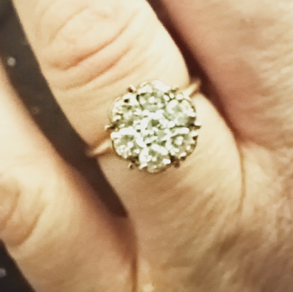 Vintage 2 tone white and yellow gold ring. 7 diamond cluster over 1 ct total.